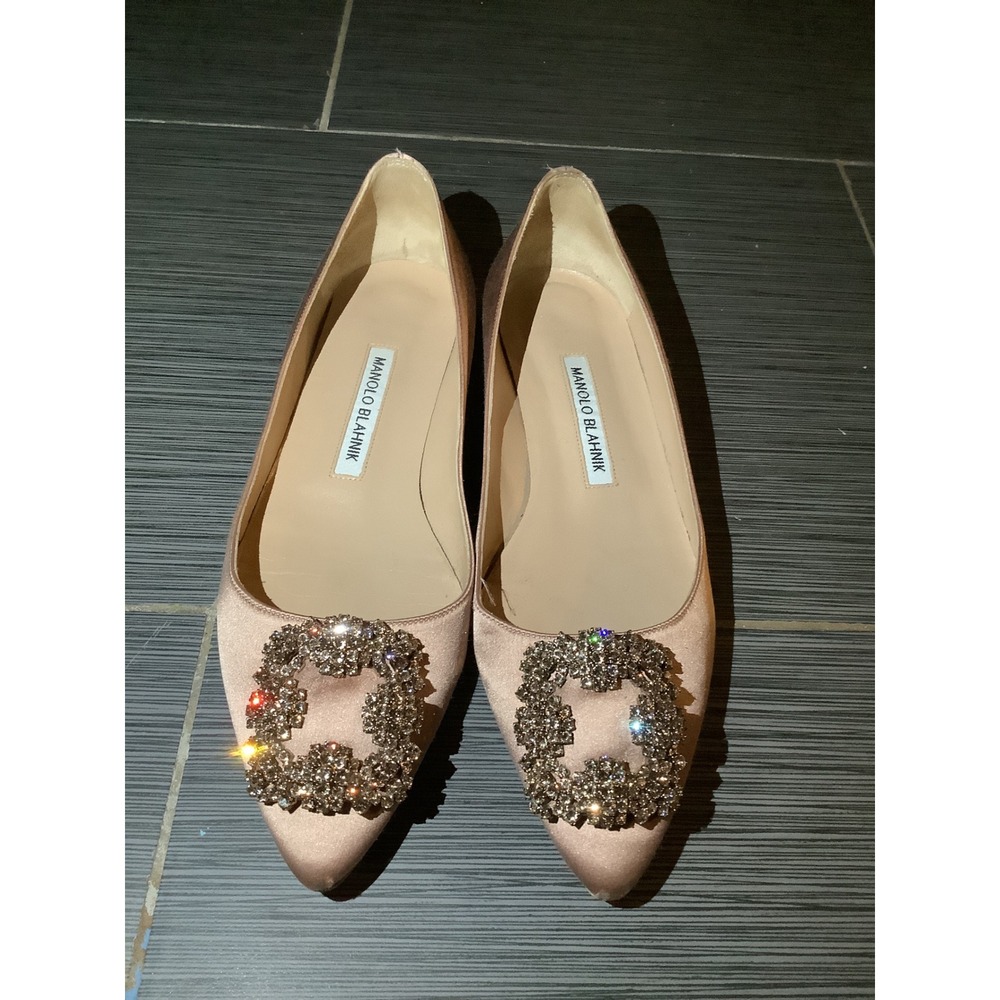 Manolo Blahnik Hangisi Satin Jewel Buckle Flats Blush Pink Pointed Toe Shoes